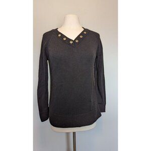 Calvin Klein Black Knit Sweater W/ Button Detail V-Neck Medium Preppy